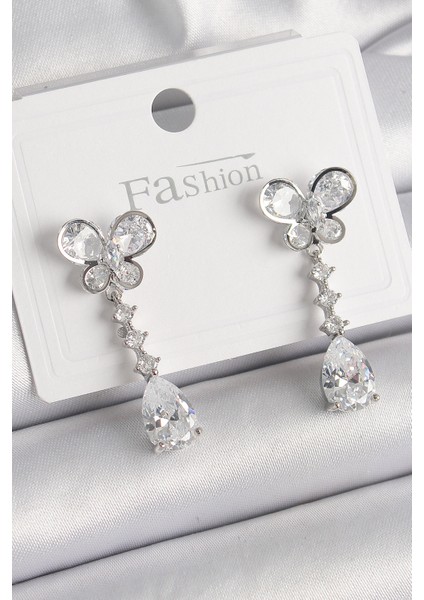 Pirinç Gümüş Renk Kelebek Model Sallantı Damla Zirkon Taşlı Kadın Küpe