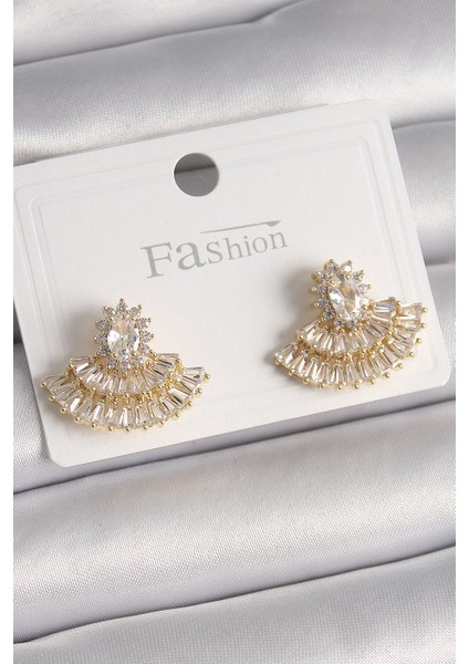 Pirinç Gold Renk Zirkon Taşlı Yelpaze Model Kadın Küpe - Lisinya