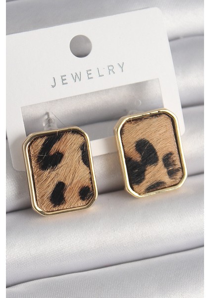 Pirinç Gold Renk Kare Leopar Desen Model Kadın Küpe - Lisinya