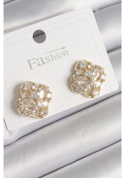 Pirinç Gold Renk Zirkon Taşlı Yonca Model Kadın Küpe - Lisinya