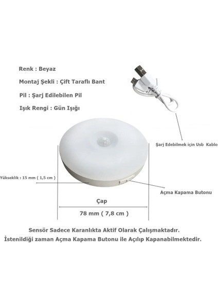 USB Şarjlı Akıllı Hareket Sensörlü Kablosuz Spot LED Lamba Işık 1 Adet
