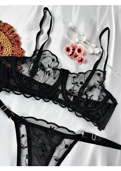 Siyah Çiçekli Dantelli Bralet Sütyen Takımı Sütyen Külot