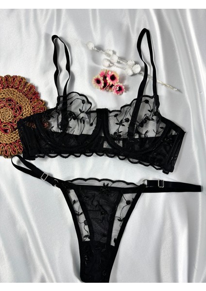 Siyah Çiçekli Dantelli Bralet Sütyen Takımı Sütyen Külot fiyatları