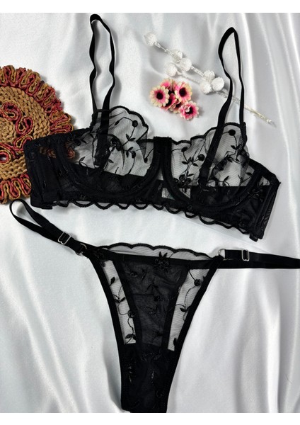 Siyah Çiçekli Dantelli Bralet Sütyen Takımı Sütyen Külot modelleri