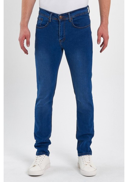 Erkek Fermuarlı Taşlı Slim Fit Jeans