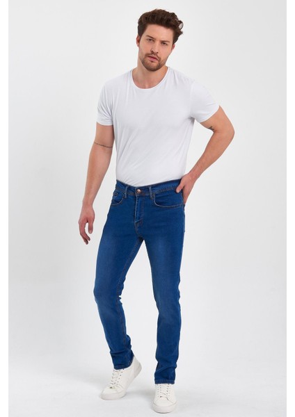 Erkek Fermuarlı Taşlı Slim Fit Jeans