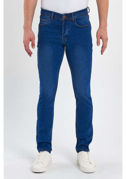 Erkek Fermuarlı Taşlı Slim Fit Jeans