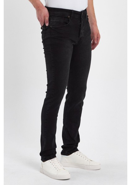 Erkek Fermuarlı Taşlı Slim Fit Jeans