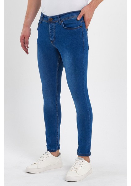 Erkek Fermuarlı Düğmeli Taşlı Skinny Jeans