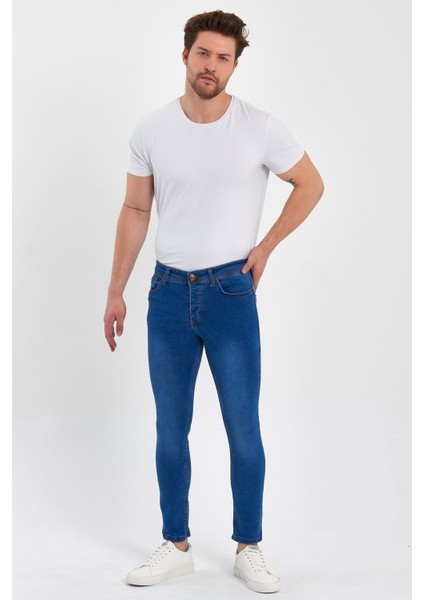 Erkek Fermuarlı Düğmeli Taşlı Skinny Jeans