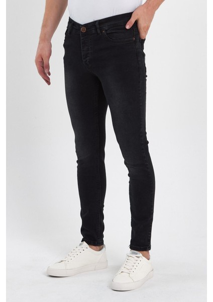 Erkek Fermuarlı Düğmeli Taşlı Skinny Jeans
