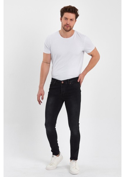 Erkek Fermuarlı Düğmeli Taşlı Skinny Jeans