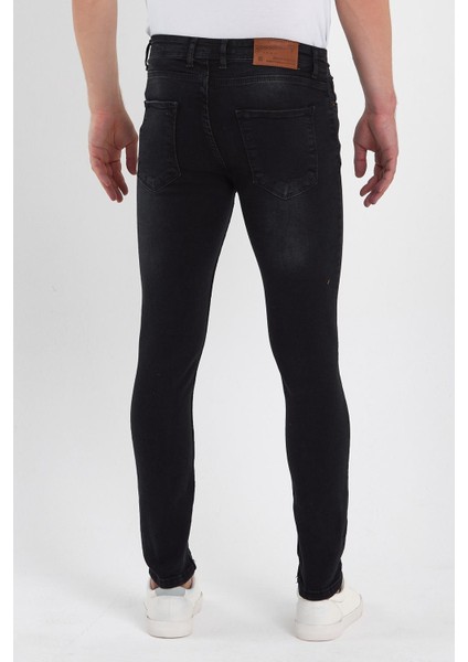 Erkek Fermuarlı Düğmeli Taşlı Skinny Jeans