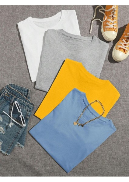 Unisex Düz Oversize Basic 4'lü Çoklu Kombin T-Shirt