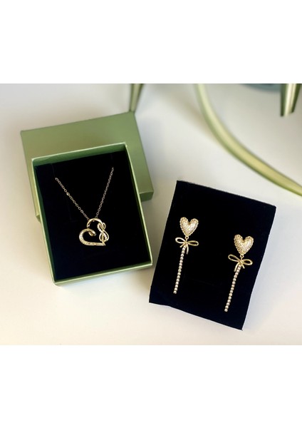 Çelik Takı Seti Gold Renk Kalp Model Sonsuzluk Detay Kadın Kolye ve Sallantılı Kalp Küpe
