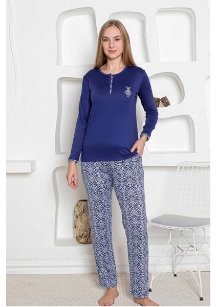 Saks Mavi Etnik Desenli Milan Penye Kumaş Uzun Kollu Kadın Pijama Takımı fiyatları