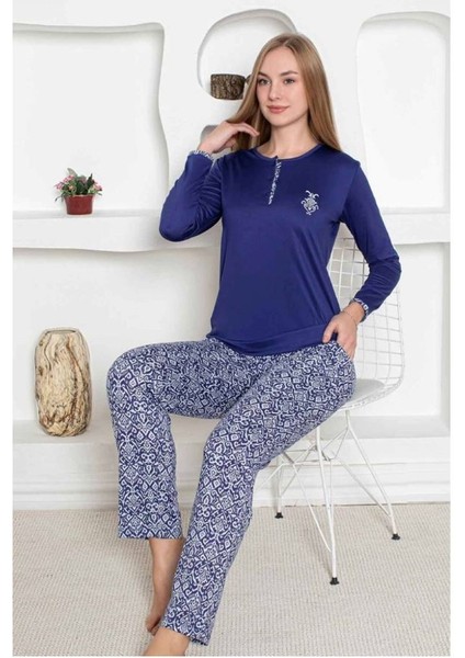 Saks Mavi Etnik Desenli Milan Penye Kumaş Uzun Kollu Kadın Pijama Takımı modelleri