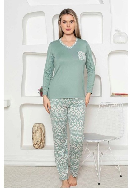 Yeşil Renkli Etnik Desenli Milan Penye Kumaş Uzun Kollu Kadın Pijama Takımı fiyatları