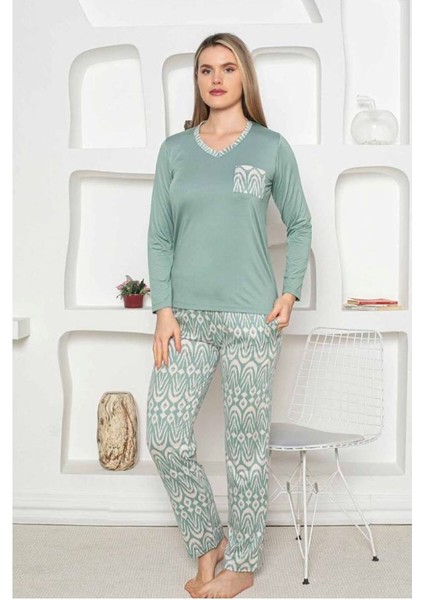 Yeşil Renkli Etnik Desenli Milan Penye Kumaş Uzun Kollu Kadın Pijama Takımı modelleri