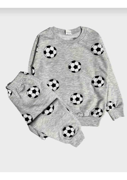 Erkek Çocuk Gri Futbol Topu Desenli Uzun Kollu Pijama Takımı