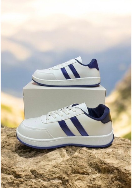 Beyaz-Lacivert Iki Bant Unisex Günlük Sneaker Spor Ayakkabı