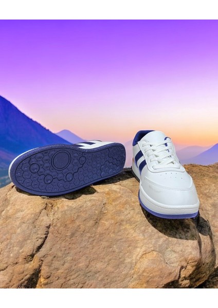 Beyaz-Lacivert Iki Bant Unisex Günlük Sneaker Spor Ayakkabı