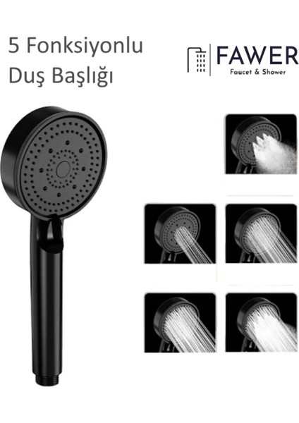 5 Fonksiyonlu Siyah Yüksek Basınçlı Ayarlanabilir Duş Başlığı El Duşu