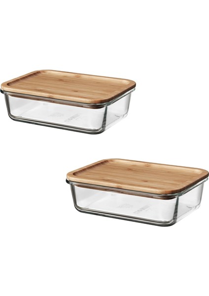 2 Adet Bambu Kapaklı Saklama Kabı 21X15X7 cm Vakumlu Saklama Kabı Hacim: 1 Litre