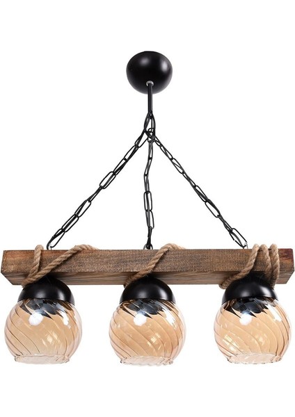 3 Lü Rustik Nigrum Camlı Halatlı Ahşap Avize