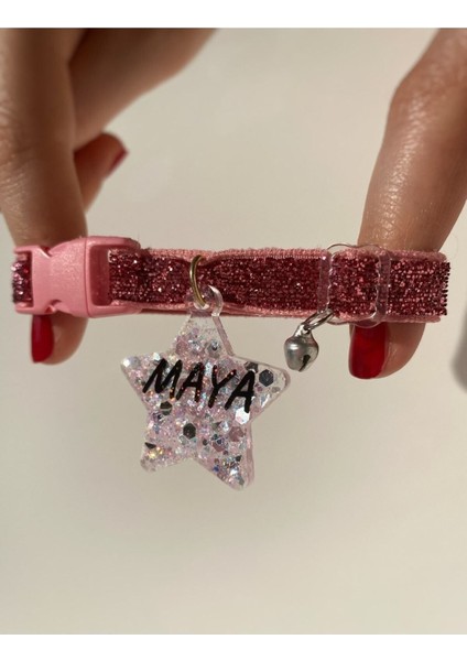 "Yıldız" Şeklinde Pembe Tasma - Zilli - Sugar Pink Glitter - İsimli Kedi/ Küçük Irk Köpek Tasması