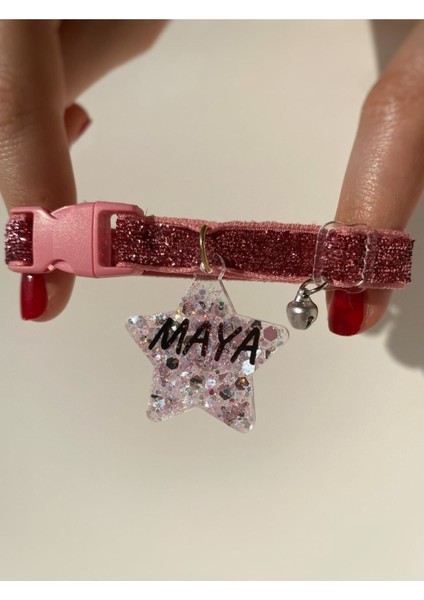 "Yıldız" Şeklinde Pembe Tasma - Zilli - Sugar Pink Glitter - İsimli Kedi/ Küçük Irk Köpek Tasması modelleri