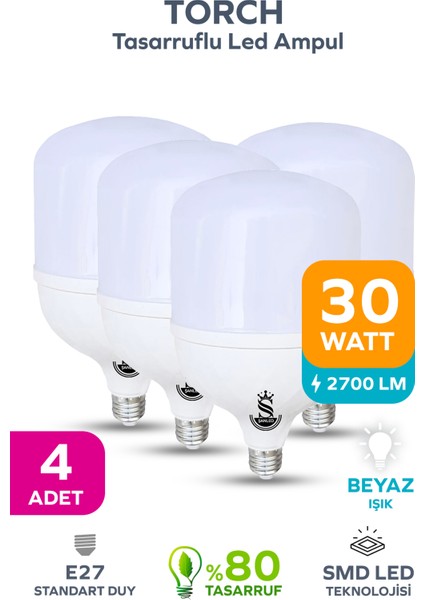 30W Tasarruflu E27 Beyaz Renk Torch Led Ampul-1,2,4,6,8,10 Adettir