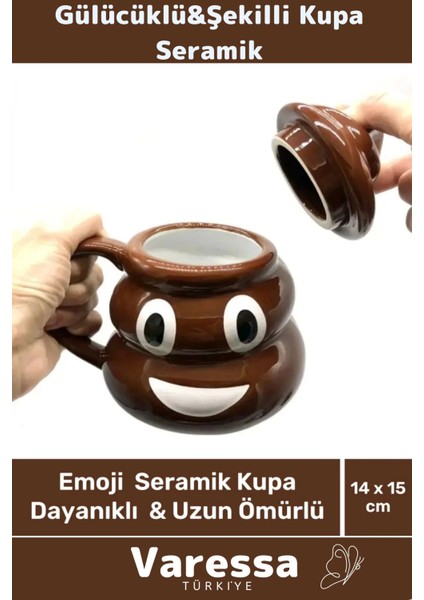 Deluxe Seri Özel Tasarım Hediye Kutulu Gülücüklü Bok Şekilli Seramik Kupa 14 x 15 cm Emoji Bardak