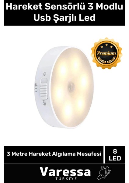 Yeni Üretim Mıknatıslı 3 Mod Pratik Hareket Sensörlü 8 Ledli USB Şarjlı Beyaz Işık Gece Lambası