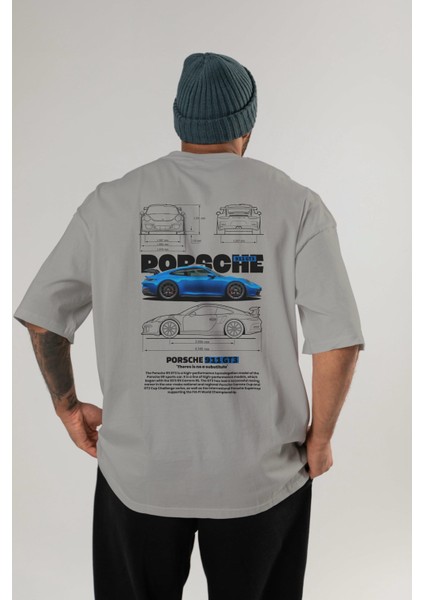Porsche 911 Gt3 Arka Baskılı Oversize T-Shirt Erkek Kadın Unisex Pamuk Bisiklet Yaka Tişort