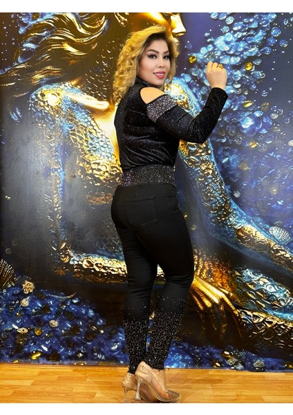 Bluz Taş Işlemeli Yüksek Kalite Siyah Omuzları Açıktır.uzun Kollu Likrali Desenli Ince Örgü Bluz modelleri