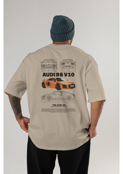 Audi R8 V10 1 Arka Baskılı Oversize T-Shirt Erkek Kadın Unisex Pamuk Bisiklet Yaka Tişort