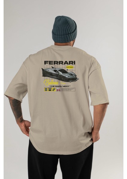 Batman x Ferrarı Arka Baskılı Oversize T-Shirt Erkek Kadın Unisex Pamuk Bisiklet Yaka Tişort