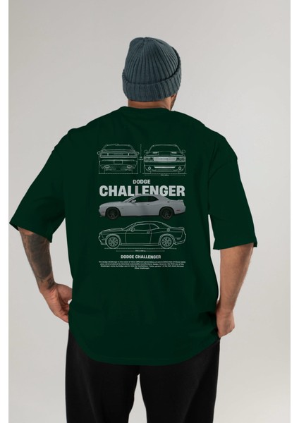 Dodge Challenger Arka Baskılı Oversize T-Shirt Erkek Kadın Unisex Pamuk Bisiklet Yaka Tişort