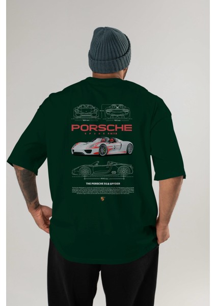Porsche 918 Spyder 1 Arka Baskılı Oversize T-Shirt Erkek Kadın Unisex %100 Pamuk Bisiklet Yaka Tişort