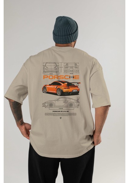 Porsche 992 Arka Baskılı Oversize T-Shirt Erkek Kadın Unisex Pamuk Bisiklet Yaka Tişort