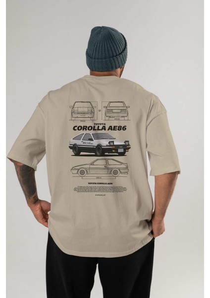 Toyota Corolla AE86 1 Arka Baskılı Oversize T-Shirt Erkek Kadın Unisex Pamuk Bisiklet Yaka Tişort