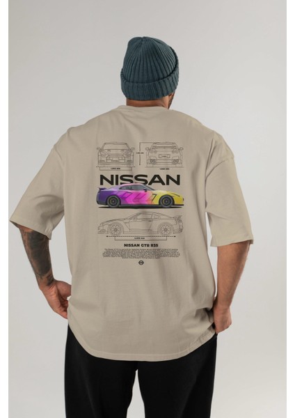 Nıssan Gtr R35 Arka Baskılı Oversize T-Shirt Erkek Kadın Unisex Pamuk Bisiklet Yaka Tişort