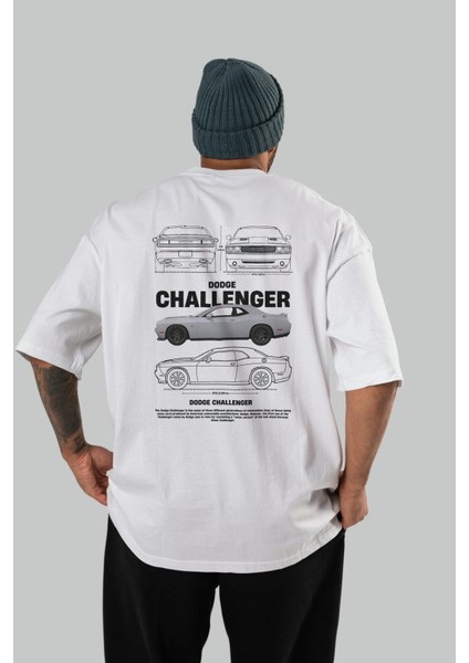 Dodge Challenger Arka Baskılı Oversize T-Shirt Erkek Kadın Unisex Pamuk Bisiklet Yaka Tişort