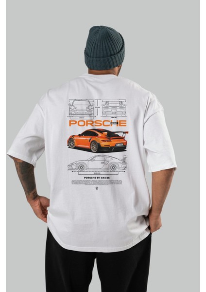 Porsche 992 Arka Baskılı Oversize T-Shirt Erkek Kadın Unisex Pamuk Bisiklet Yaka Tişort