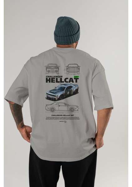 Challenger Hellcat Srt Arka Baskılı Oversize T-Shirt Erkek Kadın Unisex Pamuk Bisiklet Yaka Tişort