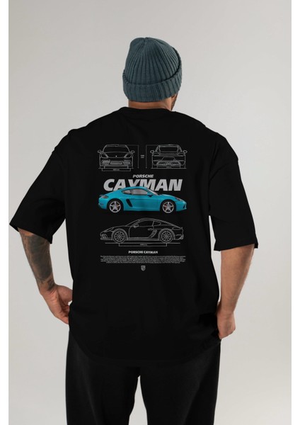 Porsche Cayman Blue Arka Baskılı Oversize T-Shirt Erkek Kadın Unisex Pamuk Bisiklet Yaka Tişort