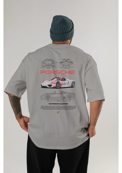 Porsche 918 Spyder 1 Arka Baskılı Oversize T-Shirt Erkek Kadın Unisex %100 Pamuk Bisiklet Yaka Tişort