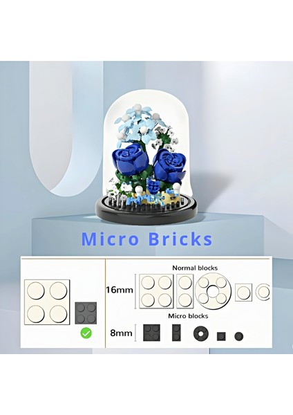 Bricks Sonsuz Çiçekler Mavi Gül Aranjmanı 10.5 cm 270 Parça Yapı Blokları Hediye Dekorasyon