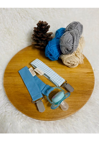 Minasdream Ikili Çıtçıtlı Emzik Askısı - Zinciri Mavi Kareli Set